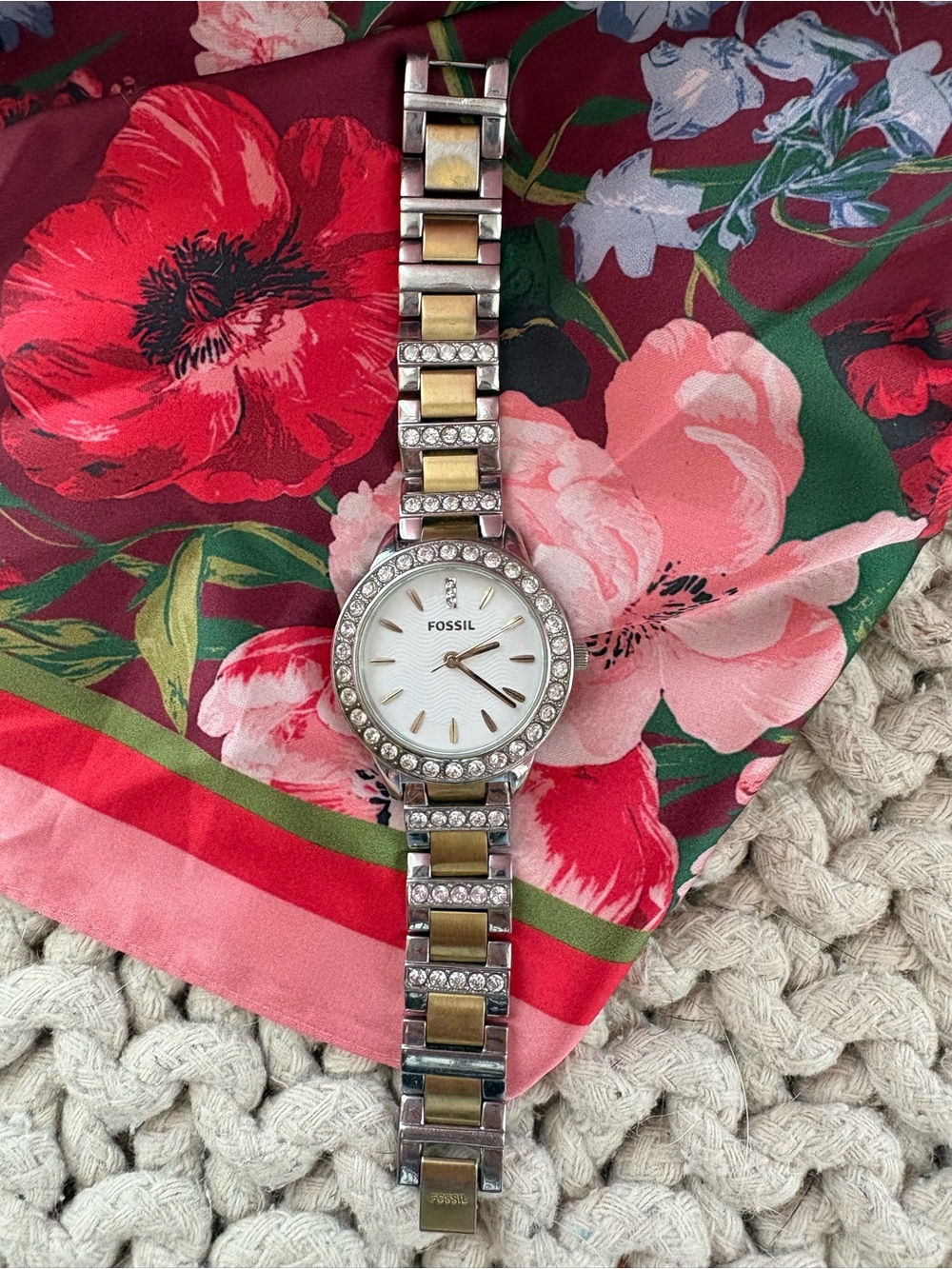Fossil Two-Tone Silver and Gold Crystal Accent Women's Bracelet Watch